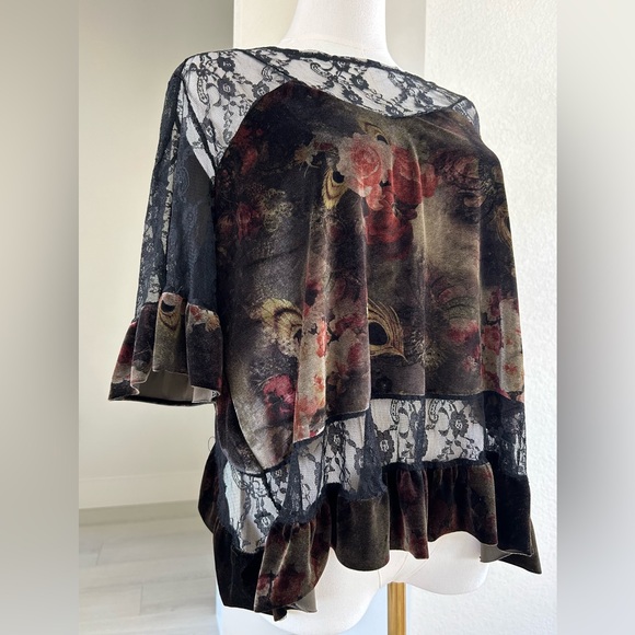 POL Tops - POL Romantic Olive Green Rust Floral Velvet  Black Lace Asymmetrical Top Medium